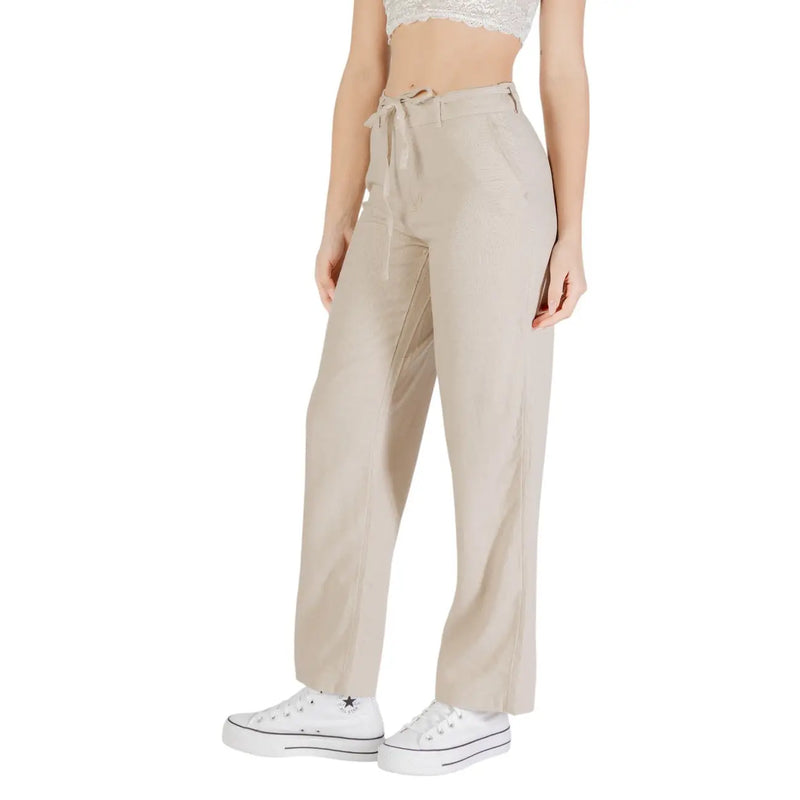 Beige high-waisted linen viscose trousers with drawstring waistband and straight-leg cut for women spring summer