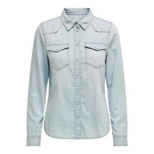 Only women long light blue cotton button shirt with two chest pockets and a collar article 15315185