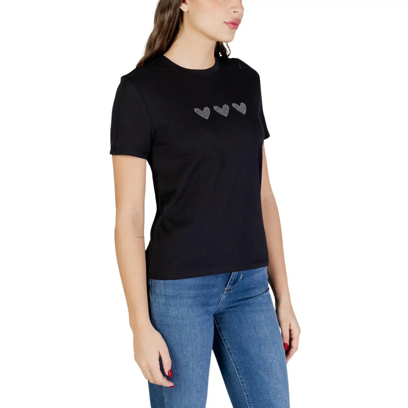 Black short-sleeved organic cotton t shirt with round neck and three sparkling hearts on chest size s by Only Women
