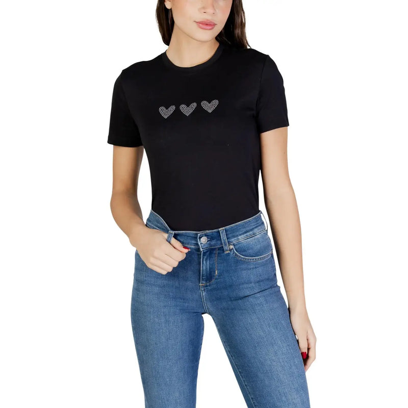 Only women organic cotton black round neck t shirt size s with three sparkling heart embellishments on the chest