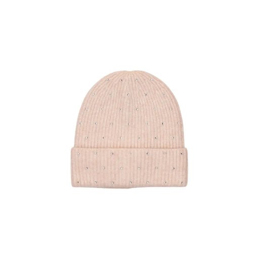Only Damen-Mütze mit rosa Strasssteinen aus Wollmischung mit zartrosa Rippstrick und silbernen Nietenverzierungen