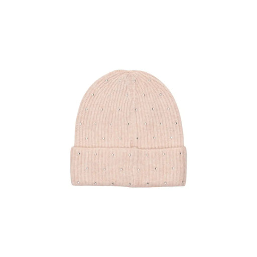 Eine zartrosa gerippte Strickmütze aus Wollmischung für Damen, verziert mit dezenten silbernen Strasssteinen.