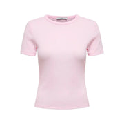A soft pink only women short round neck t shirt with polyester blend fabric and subtle ribbed trim