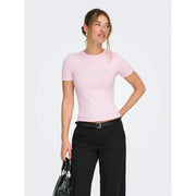 A soft pink fitted short-sleeved t shirt with round neck made of polyester blend by Only Women