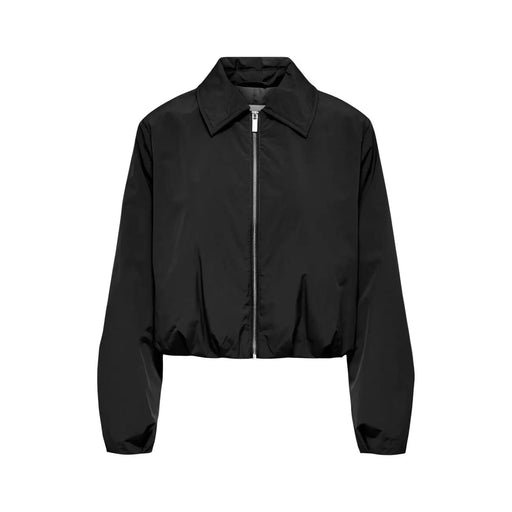 Schwarze, kurze Bomberjacke mit elegantem, mattem Finish und silbernem Reißverschluss von Only Damen-Polyesterblazer, schwarz, Rundhalsausschnitt, Kollektion