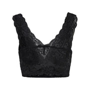 Black lace sleeveless v neck crop top with intricate floral patterns made of polyester by Only Women