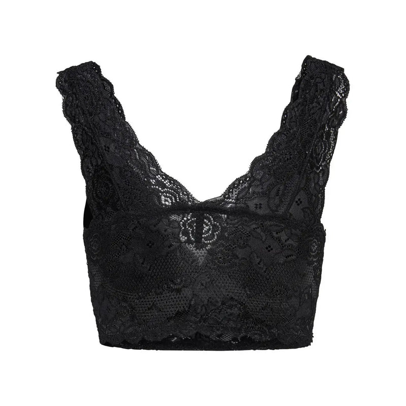 Black lace sleeveless v neck crop top with intricate floral patterns made of polyester by Only Women