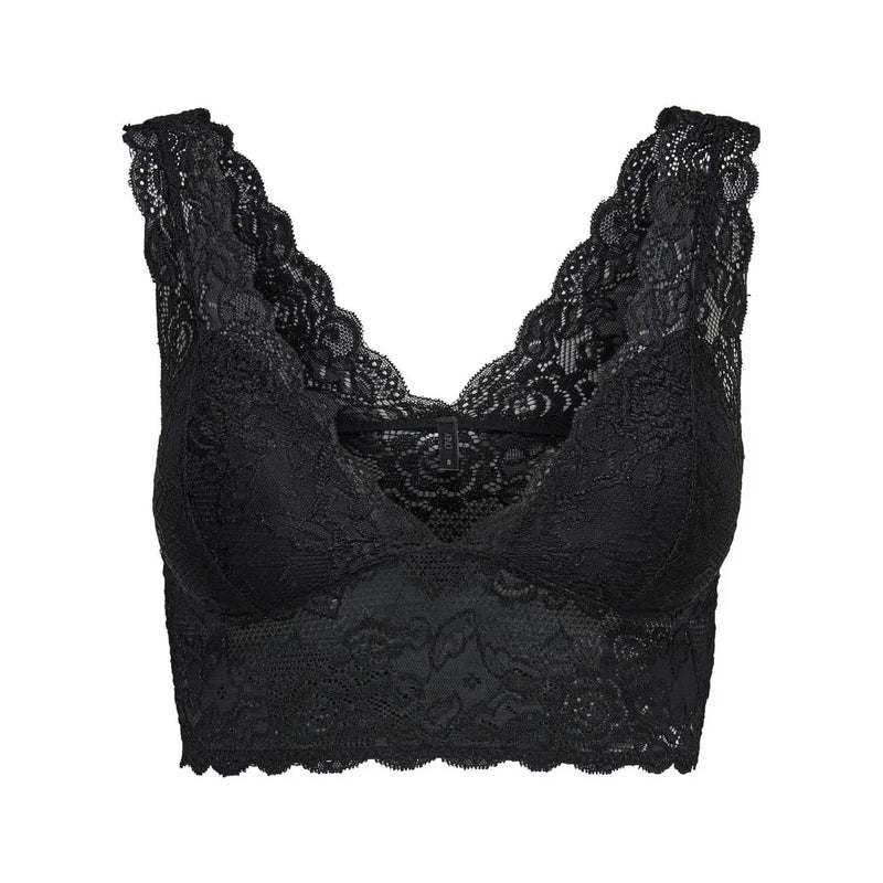 Black lace bra with intricate floral patterns and scalloped edges paired with only women sleeveless black polyester top