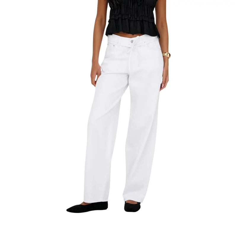 Only women straight jeans white cotton denim featuring wide-leg design with clean silhouette and classic five-pocket style