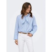 Only Women striped long classic cotton shirt in light blue with white vertical stripes and tied neck detail
