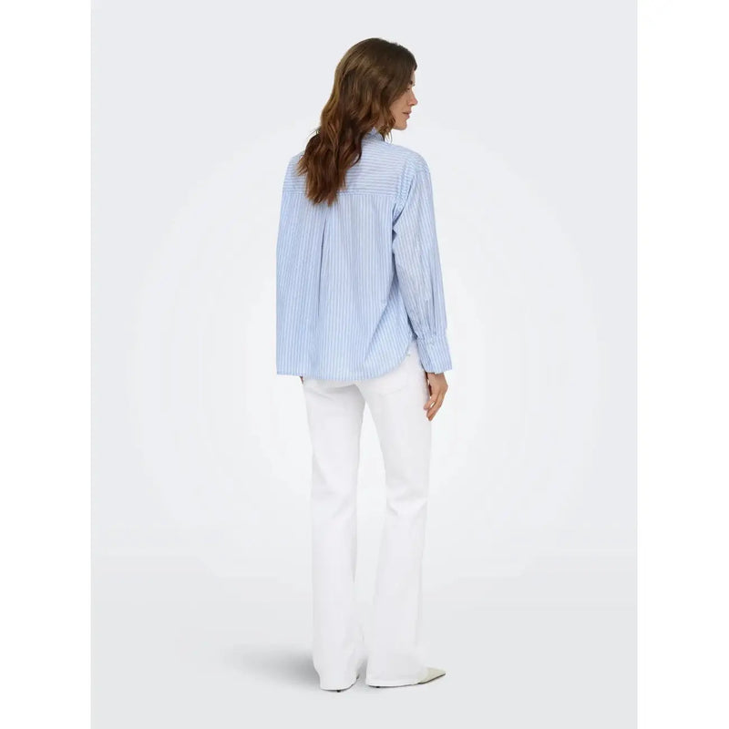 Only women light blue and white vertically striped long classic cotton shirt with long sleeves and button-up front