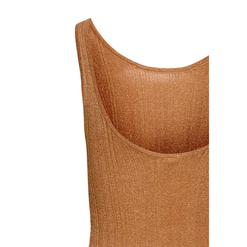 Only women camel sleeveless ribbed knit tank top with scoop neckline made of shimmering viscose fabric