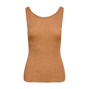 A ribbed shimmering tan sleeveless tank top with rounded neck made of viscose by only women