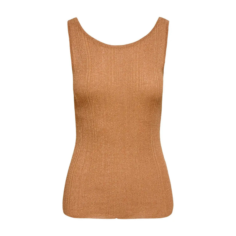 A ribbed shimmering tan sleeveless tank top with rounded neck made of viscose by only women