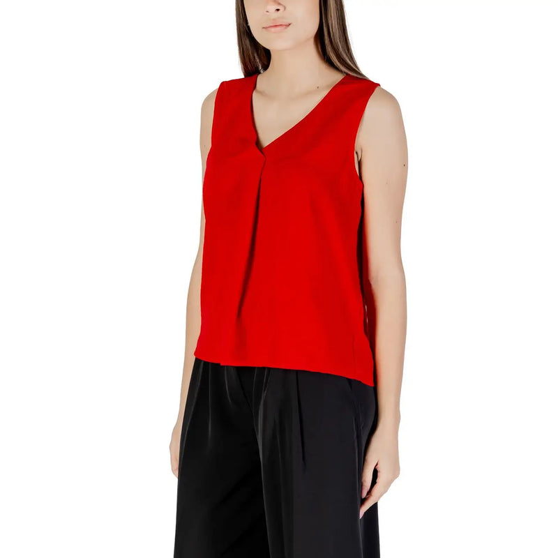 A vibrant red only women tank top with v neck, sleeveless design, subtle front pleats, made of polyester