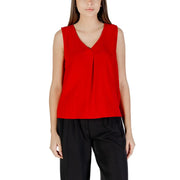 A vibrant red only women tank top with v neck sleeveless design and subtle front pleating made of polyester