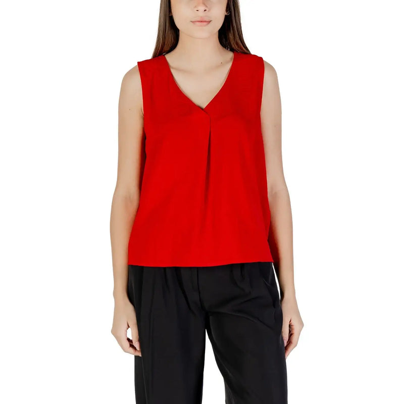 A vibrant red only women tank top with v neck sleeveless design and subtle front pleating made of polyester