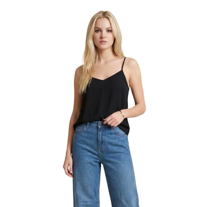 Black viscose only women tank top with v neck and spaghetti straps for comfortable casual wear