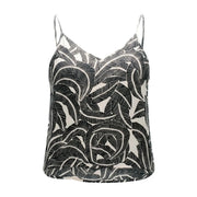 Only women black viscose tank top with v neck and black and white leaf patterned spaghetti straps