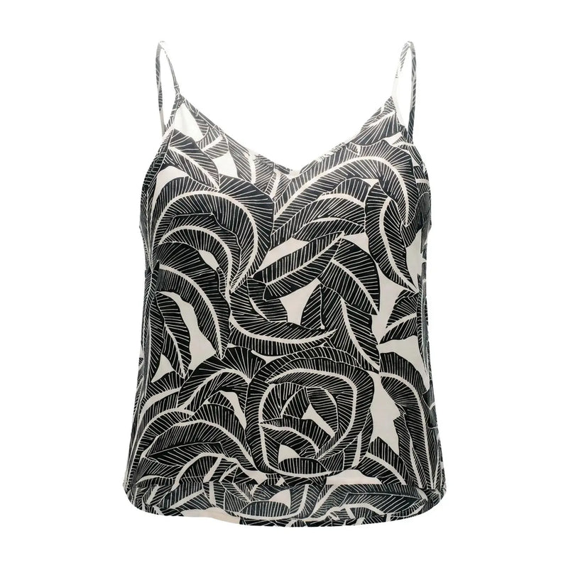 Only women black viscose tank top with v neck and black and white leaf patterned spaghetti straps