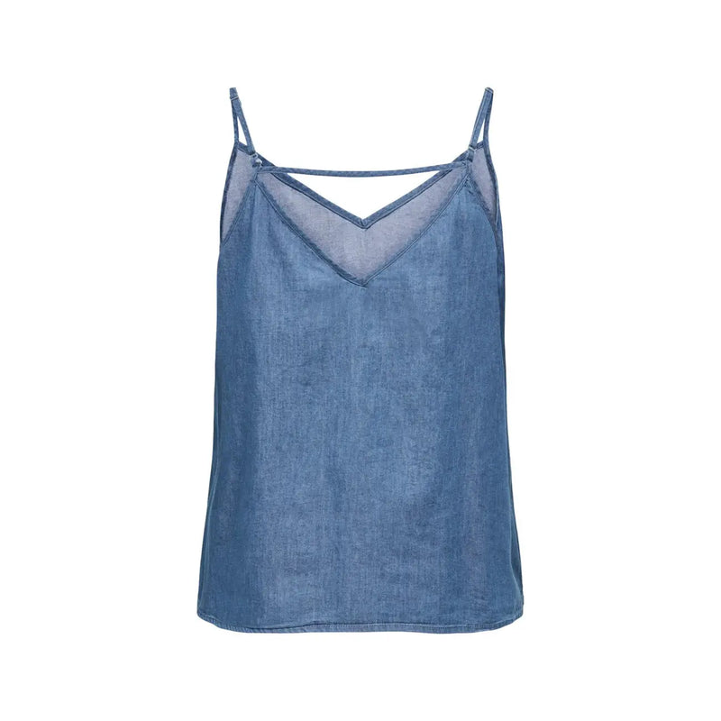 Denim blue cotton camisole tank top with v neck and sheer mesh panel from Only Women singlet collection