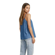 Blue denim cotton only women tank top with v neck and spaghetti straps for casual wear front view