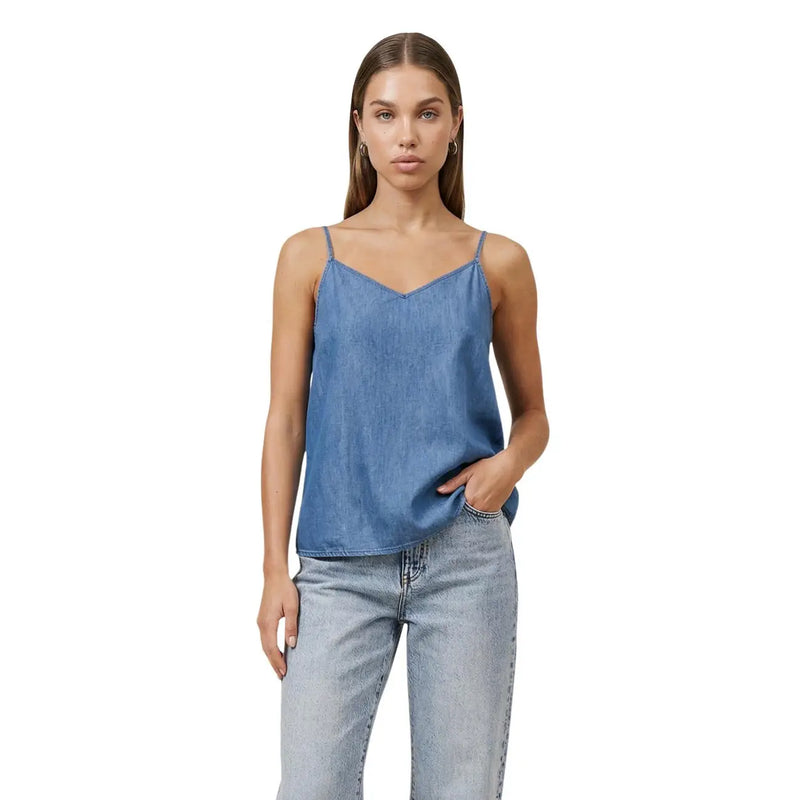 Blue denim cotton tank top with spaghetti straps and V neck by Only Women shown from the front side
