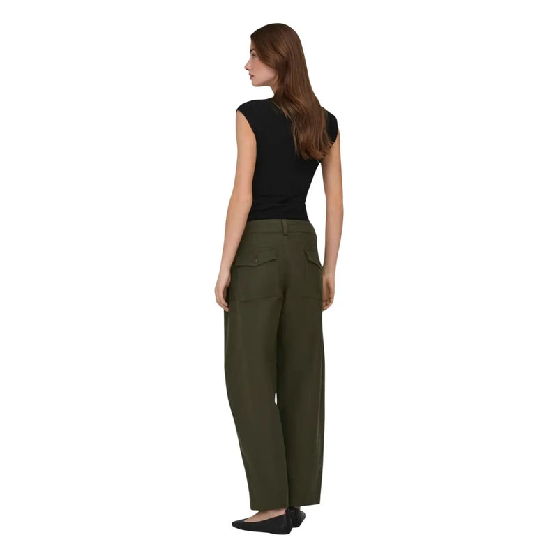Olive green wide-leg trousers with tailored fit and subtle front pockets paired with only women black cotton lycra top