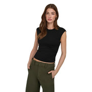 Black sleeveless cropped top with round neck made of cotton lycra featuring a fitted ribbed texture by Only women