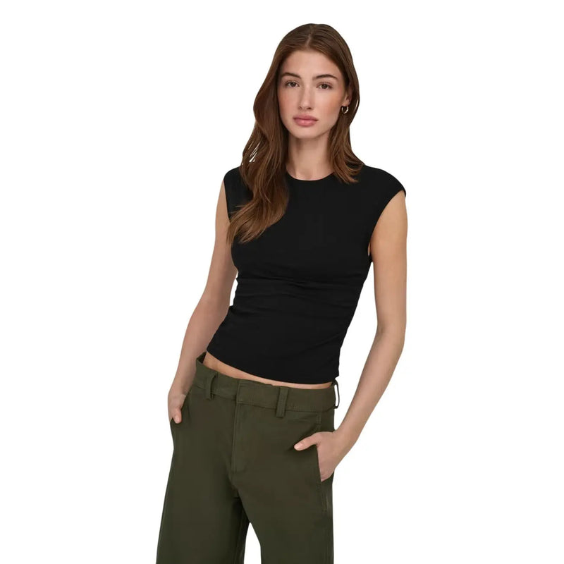 Black sleeveless cropped top with round neck made of cotton lycra featuring a fitted ribbed texture by Only women