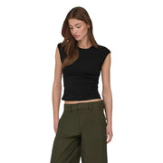 Black sleeveless cropped top with fitted ribbed texture and round neck made of cotton lycra by Only Women