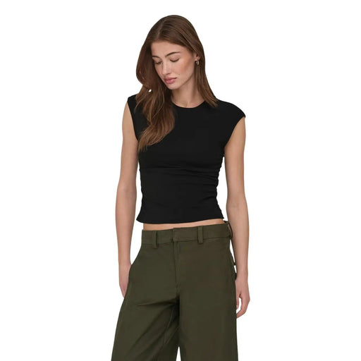 Schwarzes ärmelloses Crop-Top top mit figurbetonter Rippstruktur und Rundhalsausschnitt aus Baumwoll-Lycra von Only Frauen