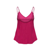 A vibrant fuchsia satin camisole with delicate spaghetti straps and a sheer mesh panel at the bust made of viscose blend