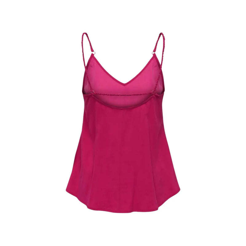 A vibrant fuchsia satin camisole with delicate spaghetti straps and a sheer mesh panel at the bust made of viscose blend