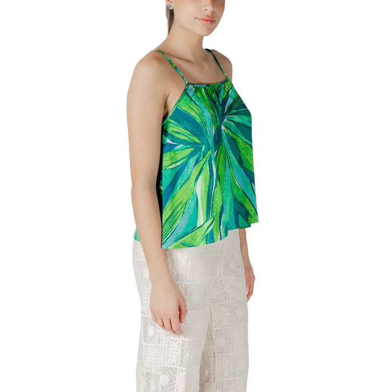 Only women green viscose spaghetti strap top with vibrant teal and green tropical leaf print and square neckline