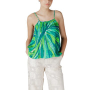 Only women green viscose spaghetti strap top with vibrant leaf pattern and ruched neckline for casual wear