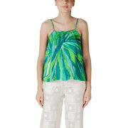 Only women green viscose spaghetti strap top with vibrant tropical leaf pattern and square neckline