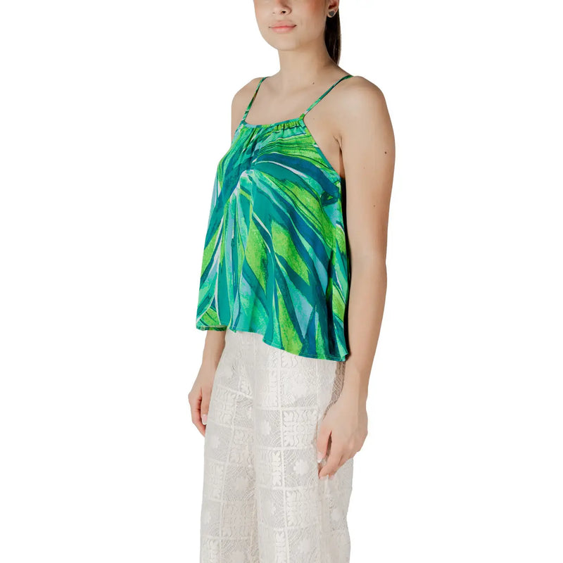 Only women green viscose spaghetti strap top with teal tropical leaf print and square neckline