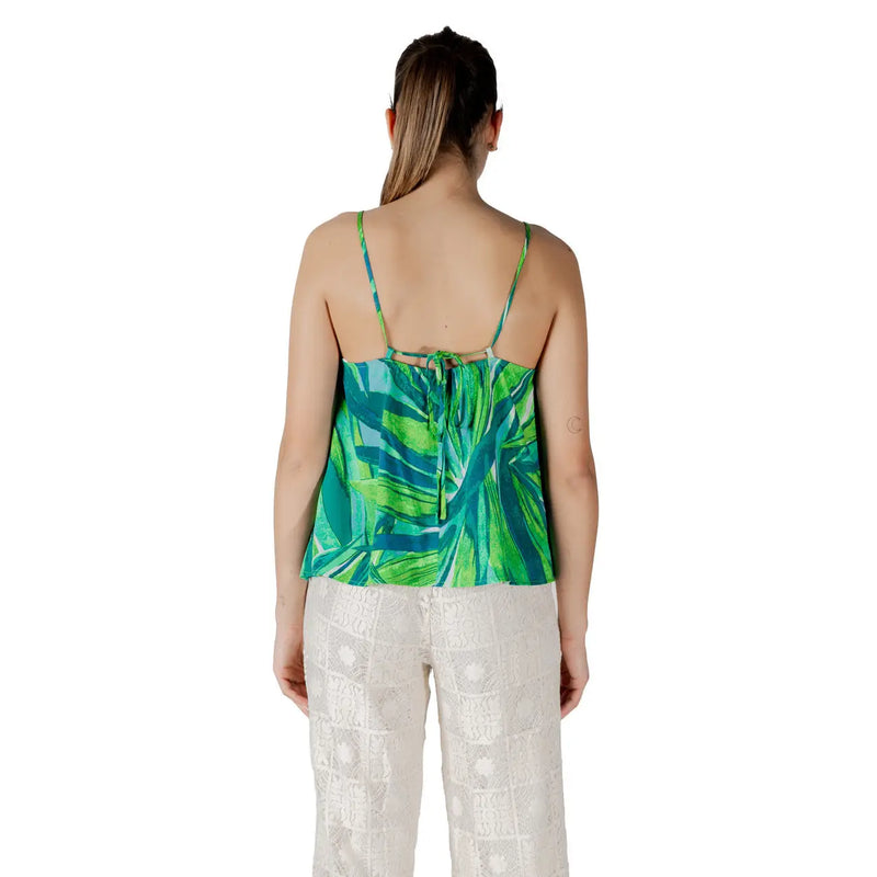 Only women green viscose spaghetti strap top with teal tropical leaf print square neckline and back tie closure