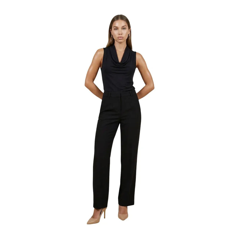 Black sleeveless cowl neck viscose jumpsuit with tailored trousers and sleek modern design for women s l