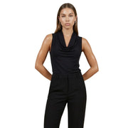 Black sleeveless cowl neck top in viscose with a sleek form-fitting design for women in size S L