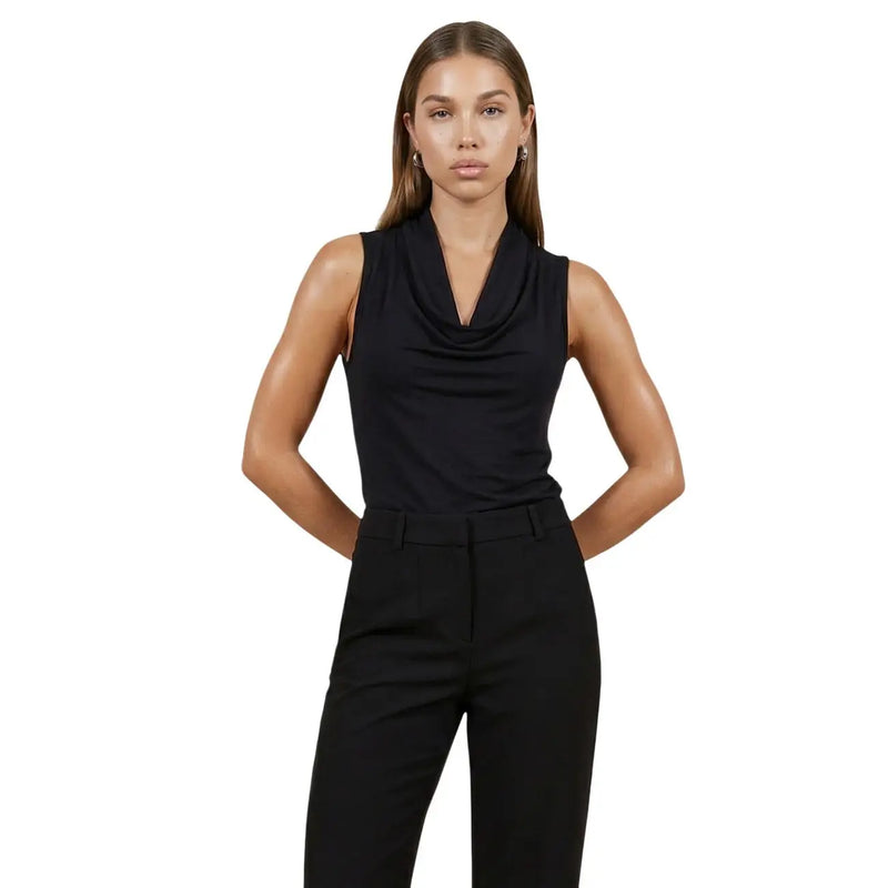 Black sleeveless cowl neck top in viscose with a sleek form-fitting design for women in size S L