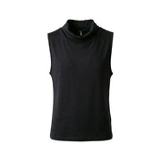 Black sleeveless viscose top for women with a high soft cowl neckline in size small and large