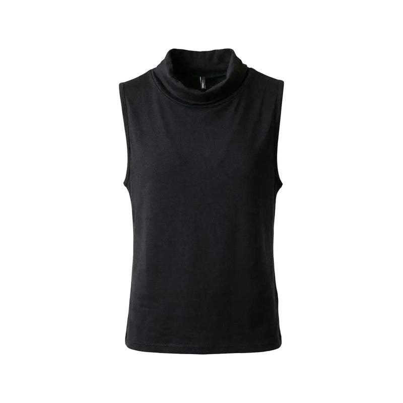 Black sleeveless viscose top for women with a high soft cowl neckline in size small and large