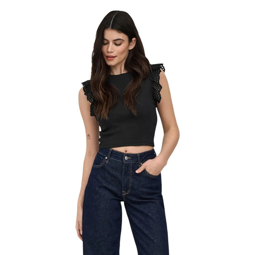 Black sleeveless crop top with delicate lace ruffles at shoulders made of white cotton for women by Only