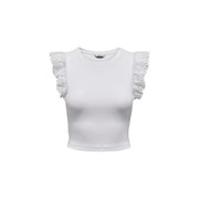 White cotton sleeveless round neck top with delicate eyelet lace ruffle sleeves from Only women collection