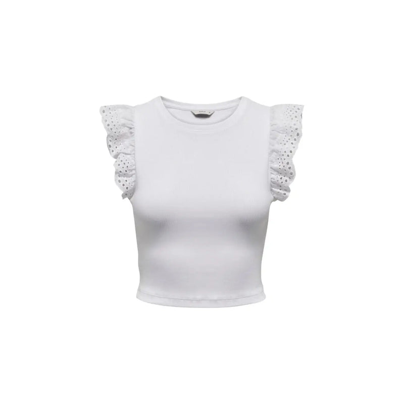 White cotton sleeveless round neck top with delicate eyelet lace ruffle sleeves from Only women collection