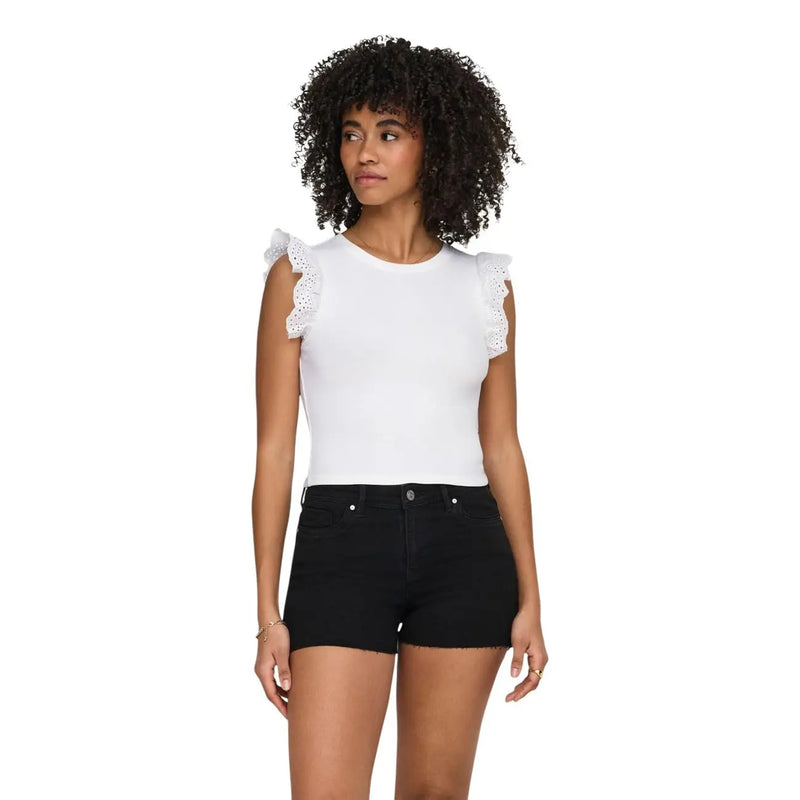 White sleeveless cotton top for women with round neck and delicate lace ruffle details on the shoulders by Only