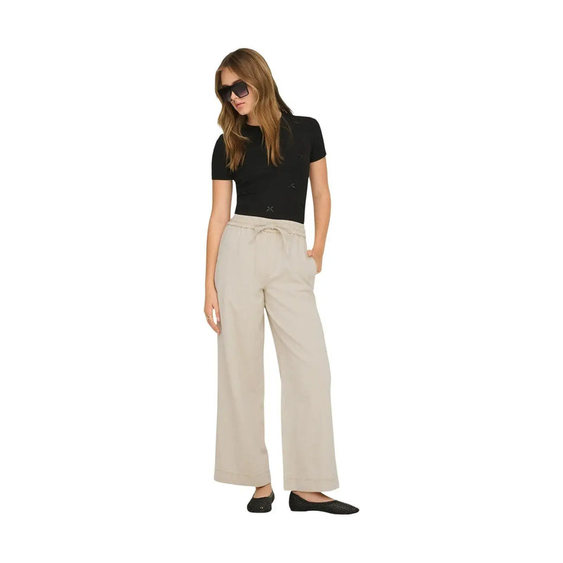 Beige cotton lyocell wide-leg trousers with a drawstring waistband from Only women collection