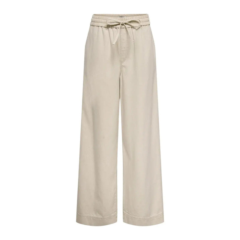 Beige cotton lyocell wide-leg trousers for women with elastic waistband and drawstring tie from Only